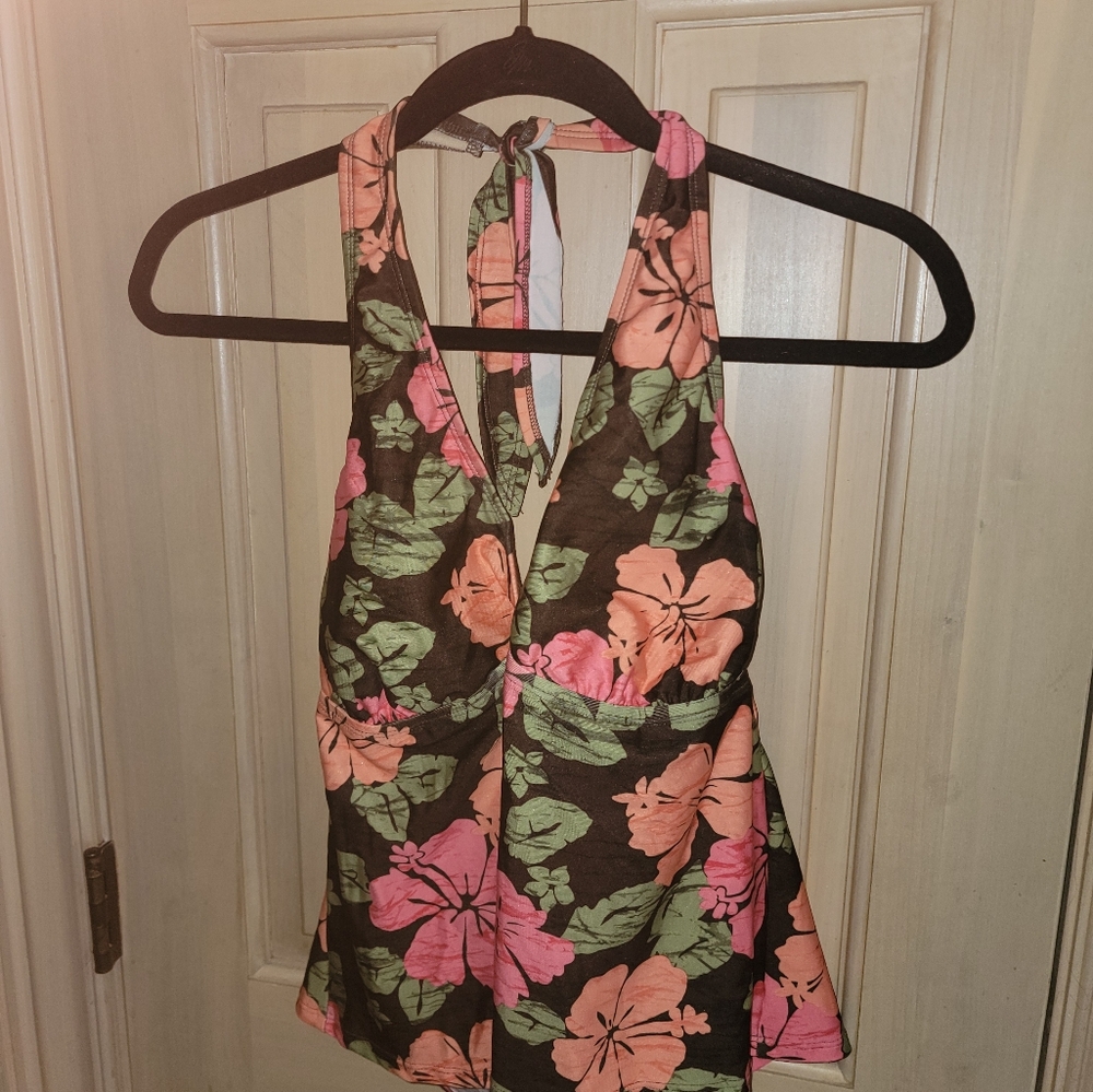 Womens Plus SZ 1X 16W Catalina Annafit Tropical Coral Brown Swim Top